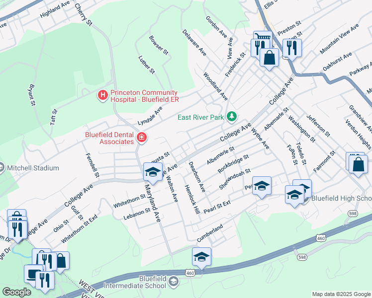 map of restaurants, bars, coffee shops, grocery stores, and more near 1809 Dearborn Ave in Bluefield