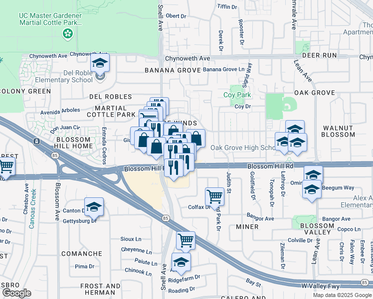 map of restaurants, bars, coffee shops, grocery stores, and more near 5493 Sean Circle in San Jose