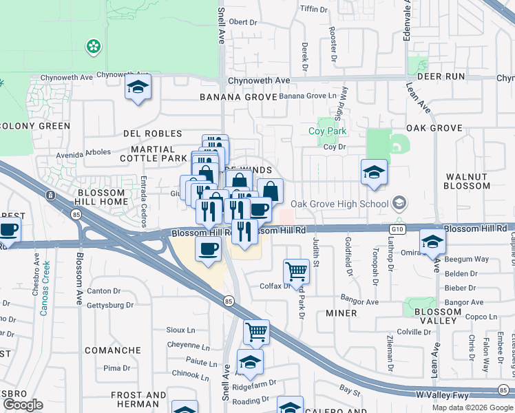 map of restaurants, bars, coffee shops, grocery stores, and more near 5493 Sean Circle in San Jose