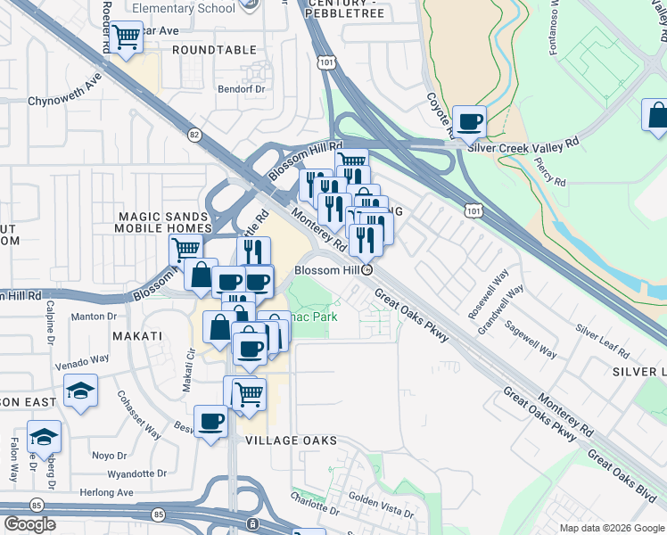 map of restaurants, bars, coffee shops, grocery stores, and more near 5560 Lexington Avenue in San Jose