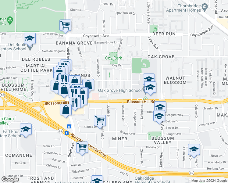 map of restaurants, bars, coffee shops, grocery stores, and more near 5565 Spinnaker Drive in San Jose