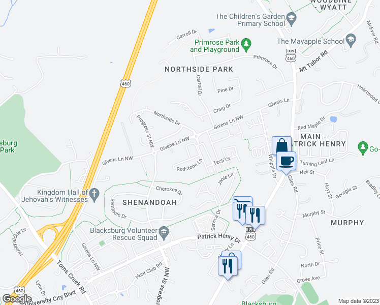 map of restaurants, bars, coffee shops, grocery stores, and more near 336 Fieldstone Lane in Blacksburg