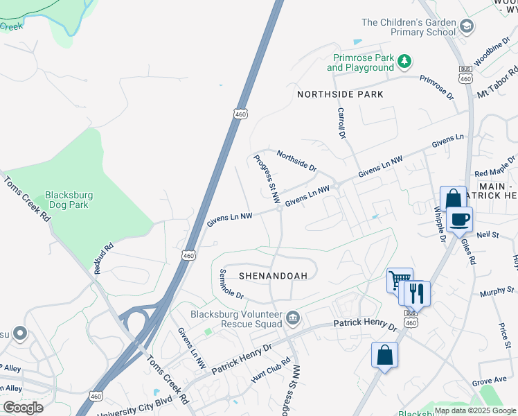map of restaurants, bars, coffee shops, grocery stores, and more near 505 Wildflower Lane in Blacksburg