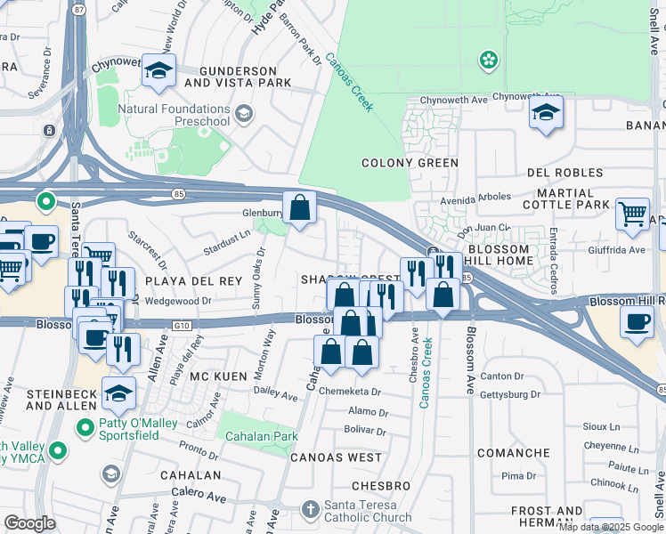 map of restaurants, bars, coffee shops, grocery stores, and more near 554 Blairburry Way in San Jose