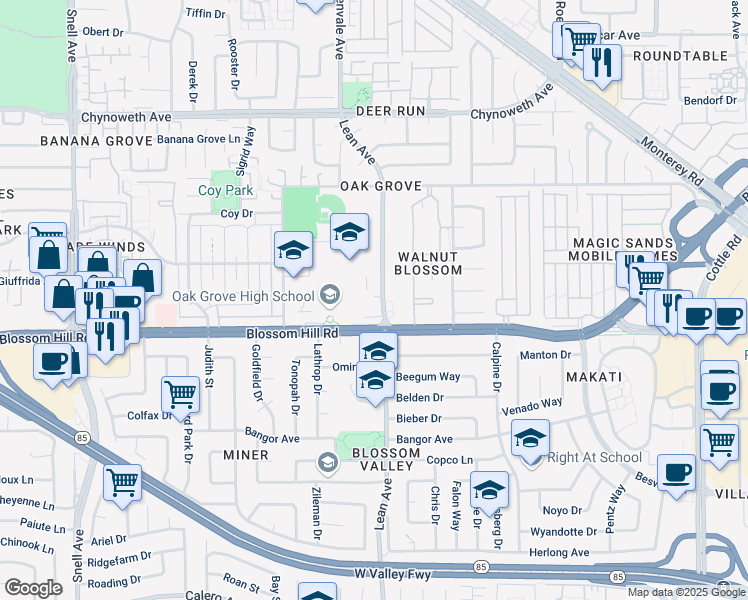 map of restaurants, bars, coffee shops, grocery stores, and more near 5579 Lean Avenue in San Jose