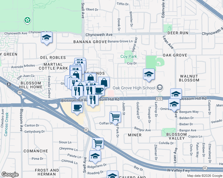 map of restaurants, bars, coffee shops, grocery stores, and more near 282 Tradewinds Drive in San Jose
