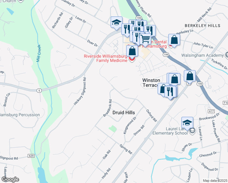 map of restaurants, bars, coffee shops, grocery stores, and more near 220 Oxford Road in Williamsburg