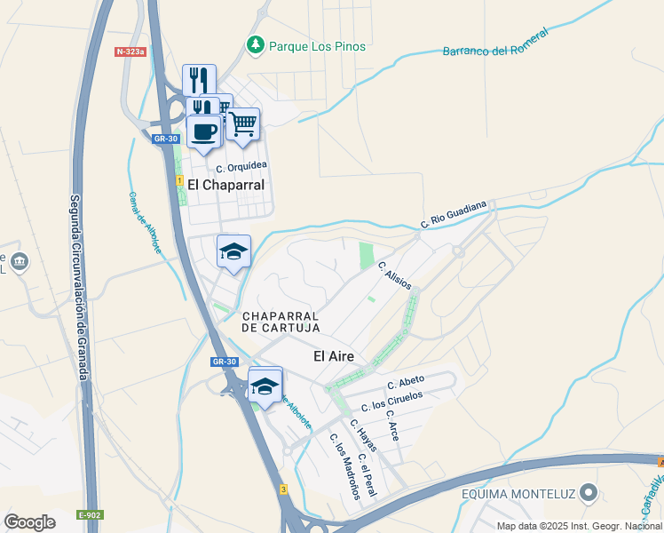 map of restaurants, bars, coffee shops, grocery stores, and more near 23 Calle Siroco in Albolote