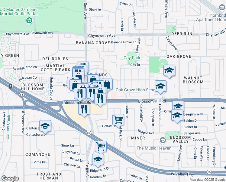 map of restaurants, bars, coffee shops, grocery stores, and more near 282 Tradewinds Drive in San Jose