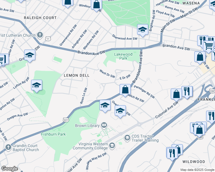 map of restaurants, bars, coffee shops, grocery stores, and more near 2210 Sewell Lane Southwest in Roanoke