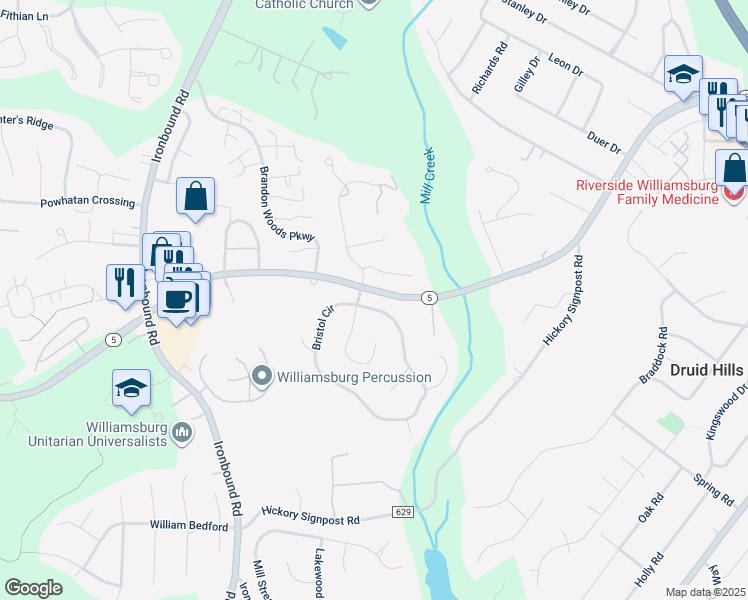 map of restaurants, bars, coffee shops, grocery stores, and more near 4864 Bristol Circle in Williamsburg