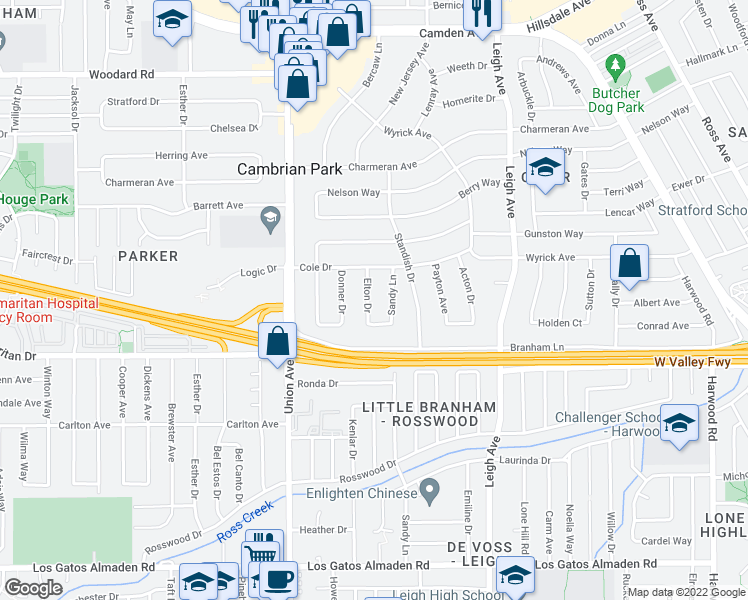 map of restaurants, bars, coffee shops, grocery stores, and more near 14878 Elton Drive in San Jose