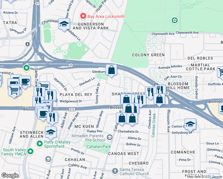 map of restaurants, bars, coffee shops, grocery stores, and more near 5516 Cooney Place in San Jose