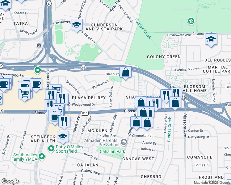 map of restaurants, bars, coffee shops, grocery stores, and more near 5565 Dunsburry Court in San Jose