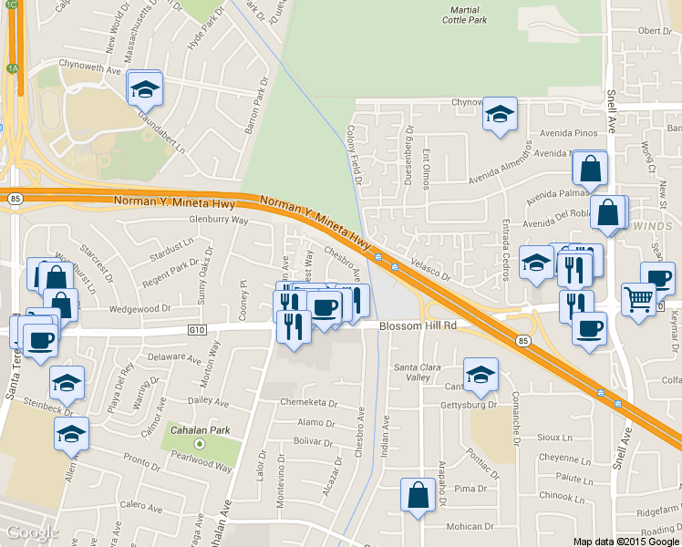 map of restaurants, bars, coffee shops, grocery stores, and more near 5520 Maplecrest Court in San Jose