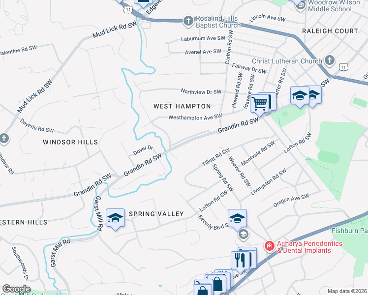 map of restaurants, bars, coffee shops, grocery stores, and more near 2720 Grandin Road Southwest in Roanoke