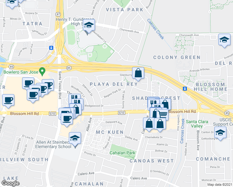 map of restaurants, bars, coffee shops, grocery stores, and more near 764 Regent Park Drive in San Jose