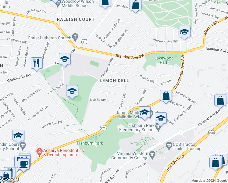 map of restaurants, bars, coffee shops, grocery stores, and more near 1611 Wilbur Road Southwest in Roanoke