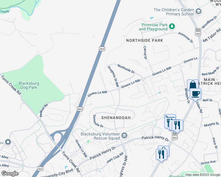 map of restaurants, bars, coffee shops, grocery stores, and more near 505 Wildflower Lane in Blacksburg