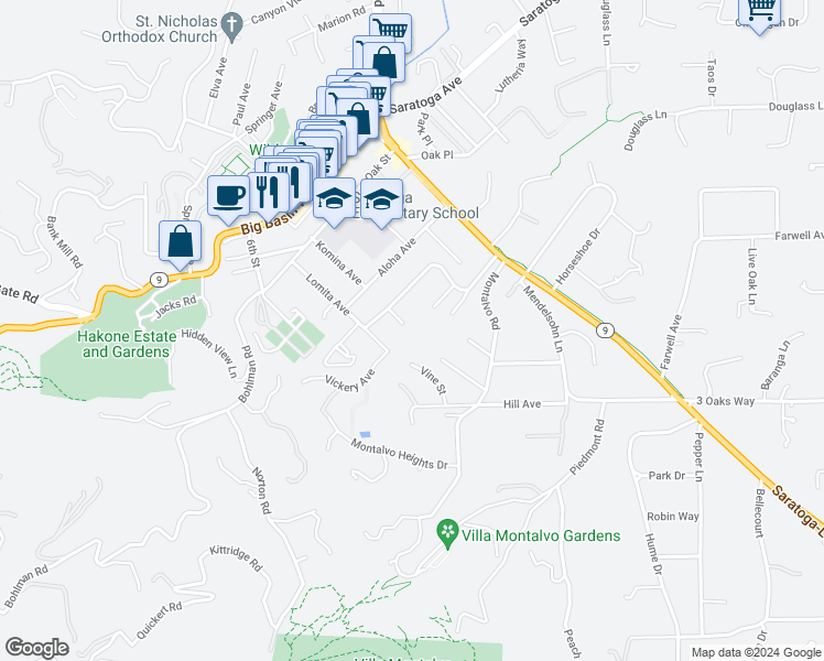 map of restaurants, bars, coffee shops, grocery stores, and more near 14780 Butano Terrace in Saratoga
