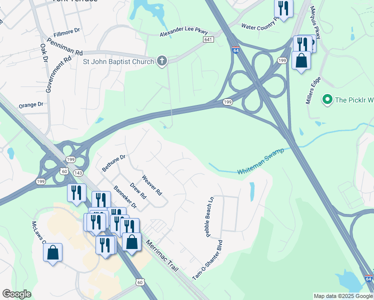 map of restaurants, bars, coffee shops, grocery stores, and more near 102 Apothecary Place in Williamsburg