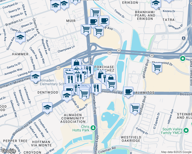 map of restaurants, bars, coffee shops, grocery stores, and more near 975 Foxchase Drive in San Jose