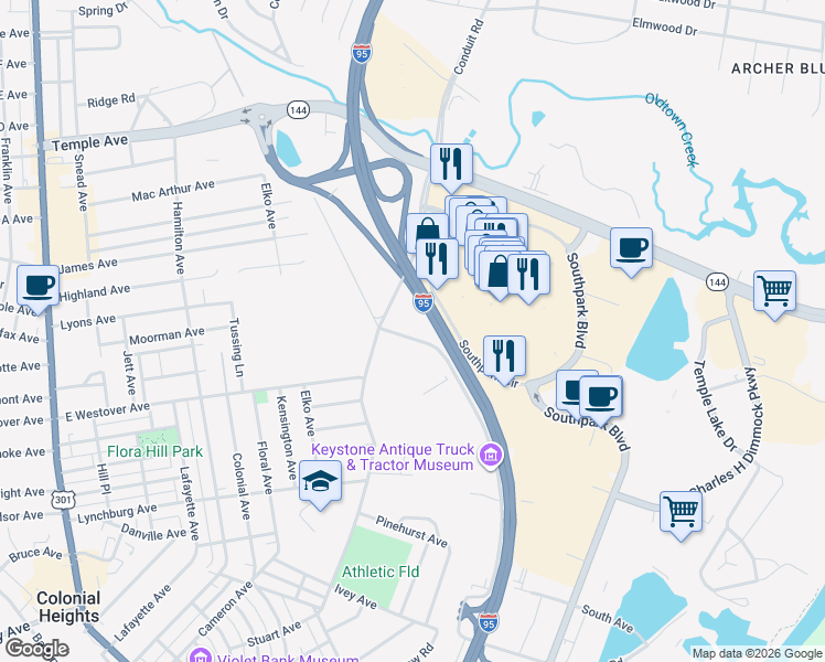 map of restaurants, bars, coffee shops, grocery stores, and more near 1107 West Roslyn Road in Colonial Heights