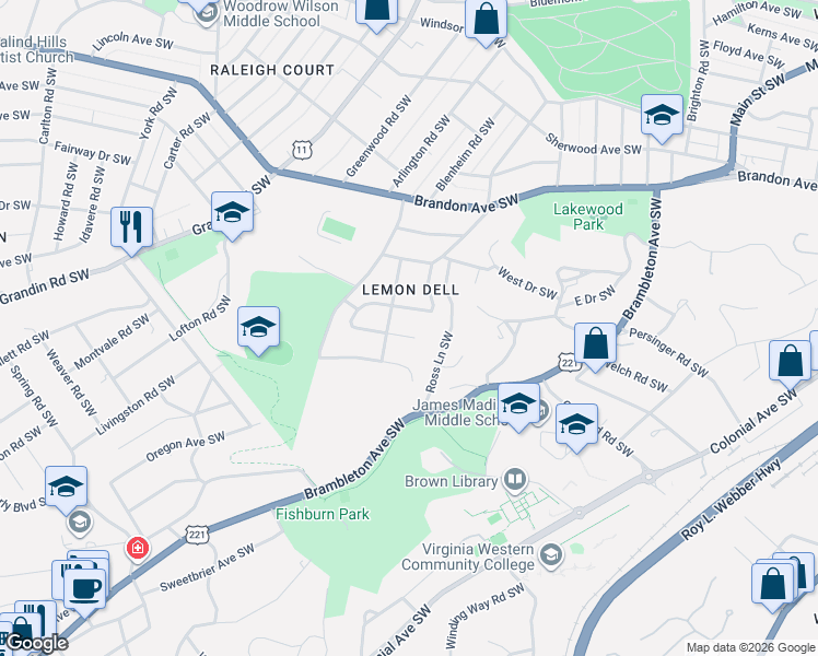 map of restaurants, bars, coffee shops, grocery stores, and more near 1611 Wilbur Rd SW in Roanoke