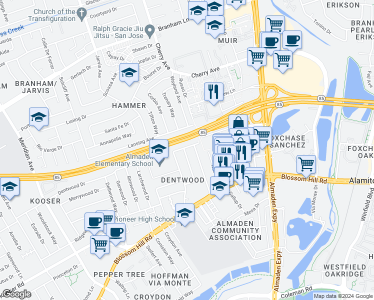 map of restaurants, bars, coffee shops, grocery stores, and more near 5316 Escover Lane in San Jose
