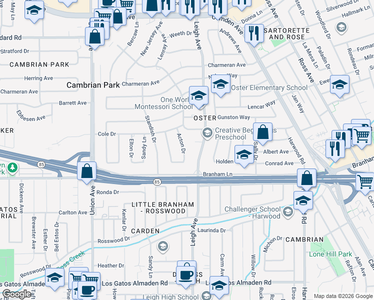 map of restaurants, bars, coffee shops, grocery stores, and more near 14874 Acton Drive in San Jose