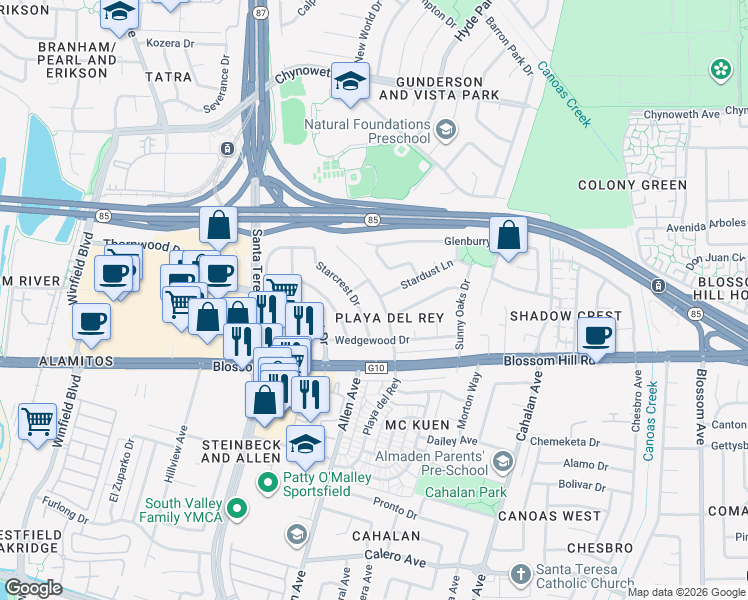 map of restaurants, bars, coffee shops, grocery stores, and more near 5549 Playa Del Rey in San Jose