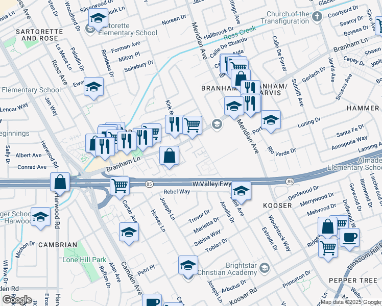 map of restaurants, bars, coffee shops, grocery stores, and more near 1602-1628 Branham Lane in San Jose
