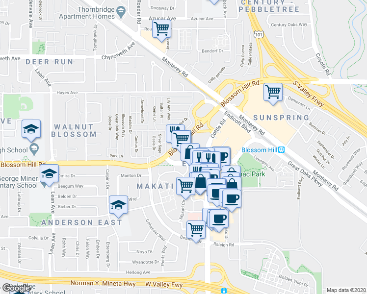 map of restaurants, bars, coffee shops, grocery stores, and more near 120 Blossom Hill Road in San Jose