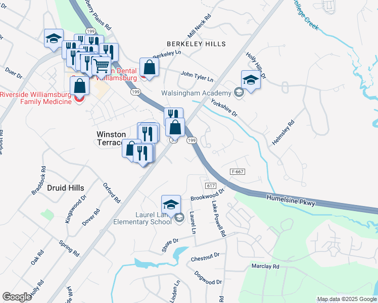 map of restaurants, bars, coffee shops, grocery stores, and more near 3279 Lake Powell Road in Williamsburg