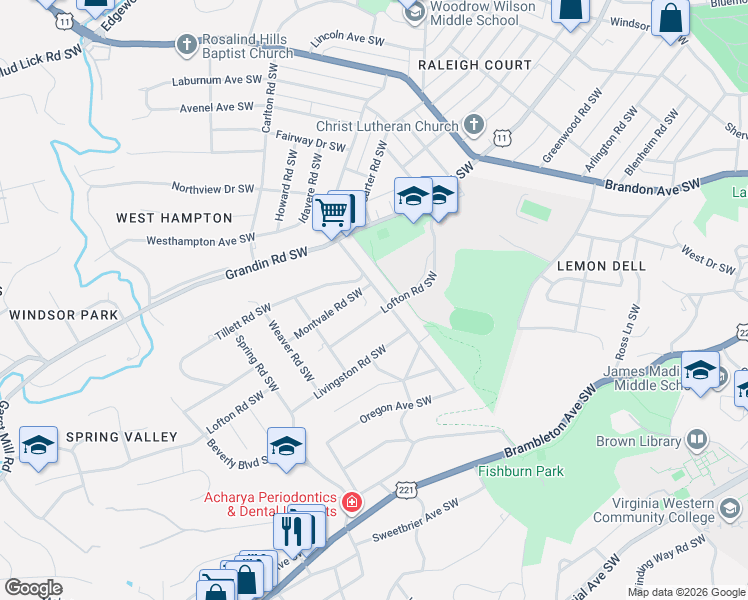 map of restaurants, bars, coffee shops, grocery stores, and more near 2624 Guilford Avenue Southwest in Roanoke
