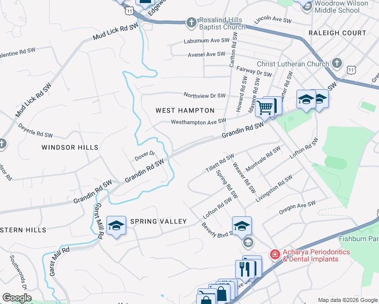 map of restaurants, bars, coffee shops, grocery stores, and more near 2720 Grandin Road Southwest in Roanoke