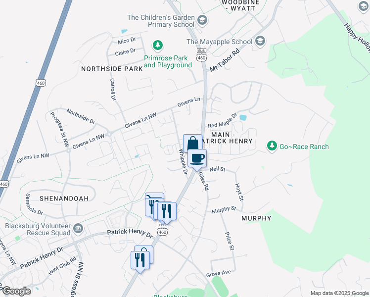 map of restaurants, bars, coffee shops, grocery stores, and more near 1610 Whipple Drive in Blacksburg