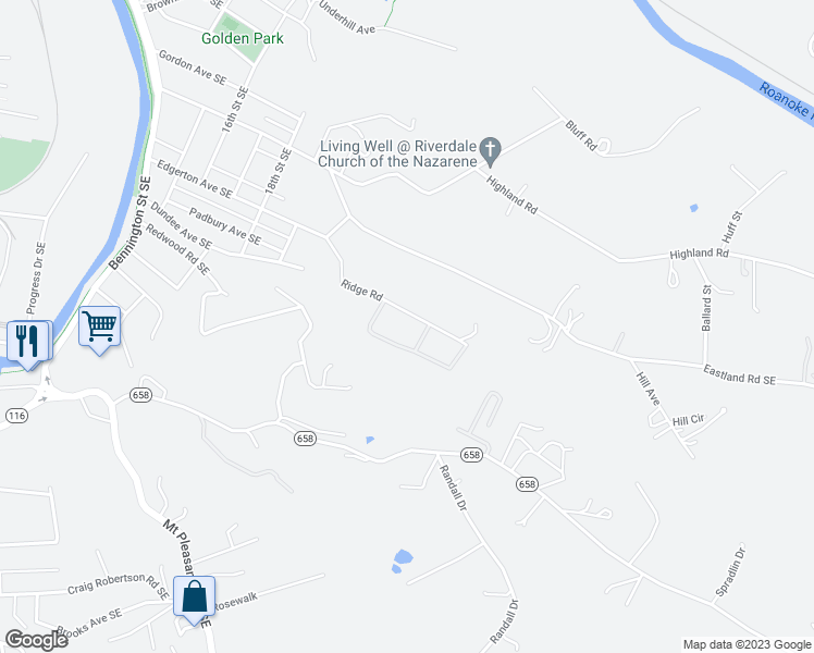 map of restaurants, bars, coffee shops, grocery stores, and more near 2315 Ridge Rd in Roanoke