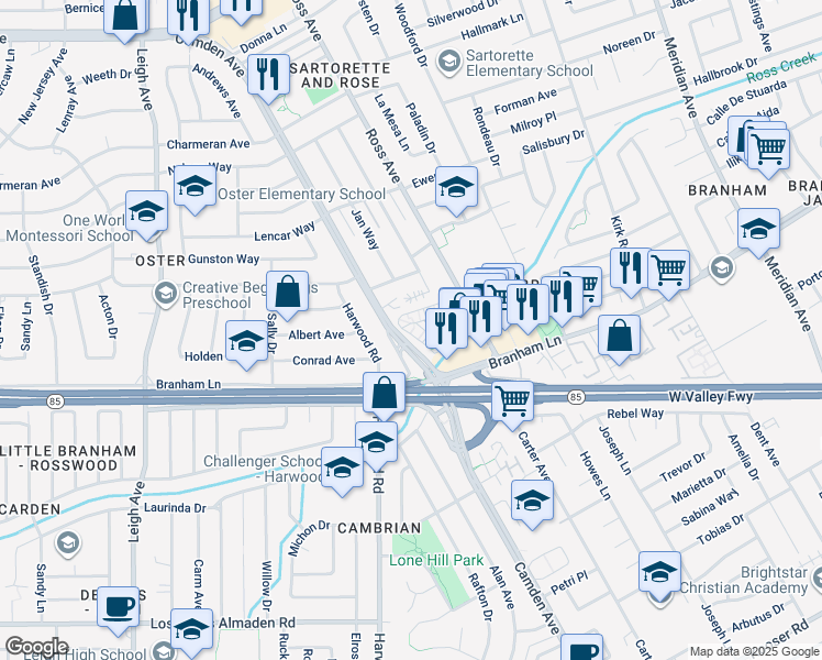 map of restaurants, bars, coffee shops, grocery stores, and more near 1737 Ross Circle in San Jose