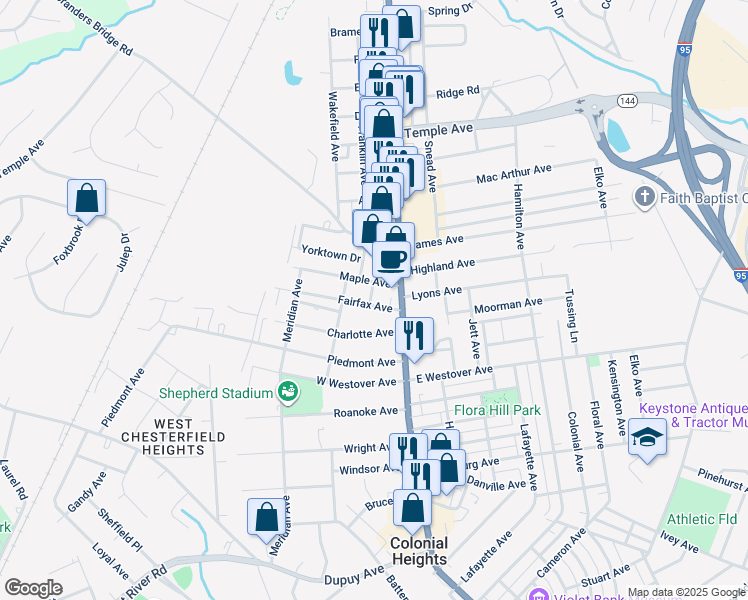map of restaurants, bars, coffee shops, grocery stores, and more near 116 Fairfax Avenue in Colonial Heights