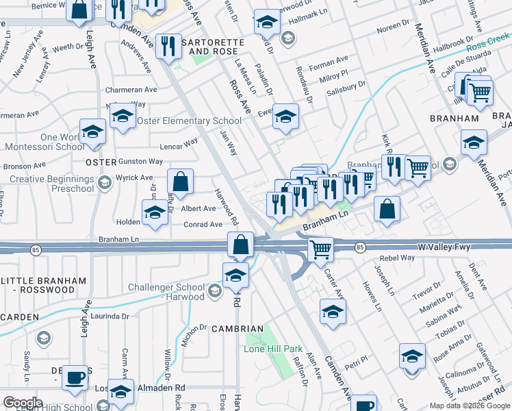 map of restaurants, bars, coffee shops, grocery stores, and more near 1737 Ross Circle in San Jose