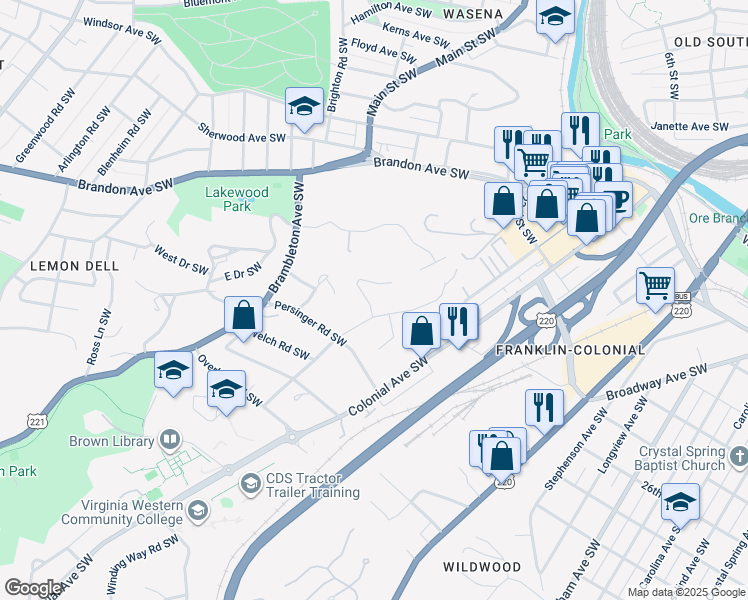 map of restaurants, bars, coffee shops, grocery stores, and more near 915 Gaymont Street Southwest in Roanoke
