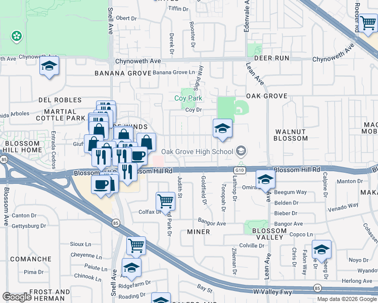 map of restaurants, bars, coffee shops, grocery stores, and more near 5577 Spinnaker Drive in San Jose