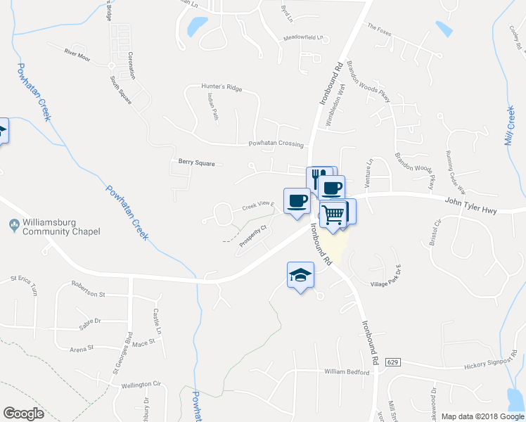 map of restaurants, bars, coffee shops, grocery stores, and more near 4317 Creek View East in Williamsburg