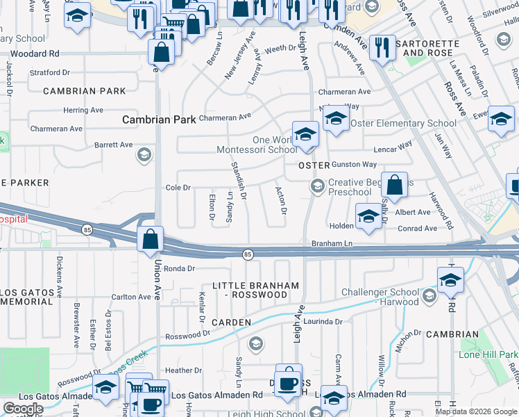 map of restaurants, bars, coffee shops, grocery stores, and more near 14871 Payton Avenue in San Jose
