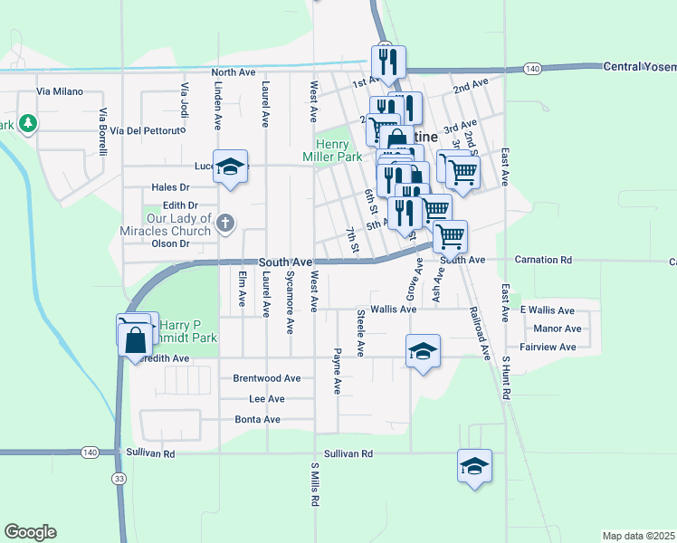 map of restaurants, bars, coffee shops, grocery stores, and more near 780 South Avenue in Gustine