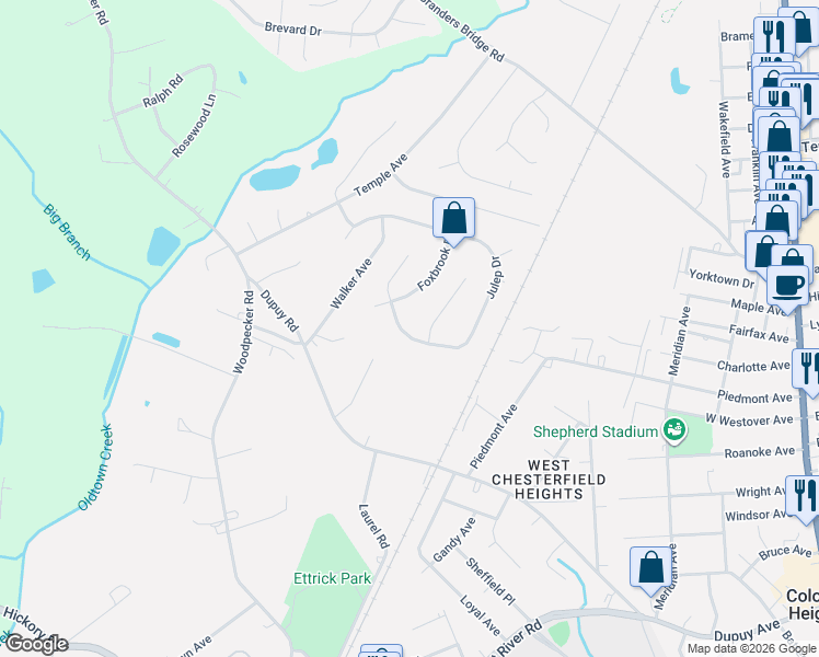 map of restaurants, bars, coffee shops, grocery stores, and more near 3406 Julep Drive in Ettrick