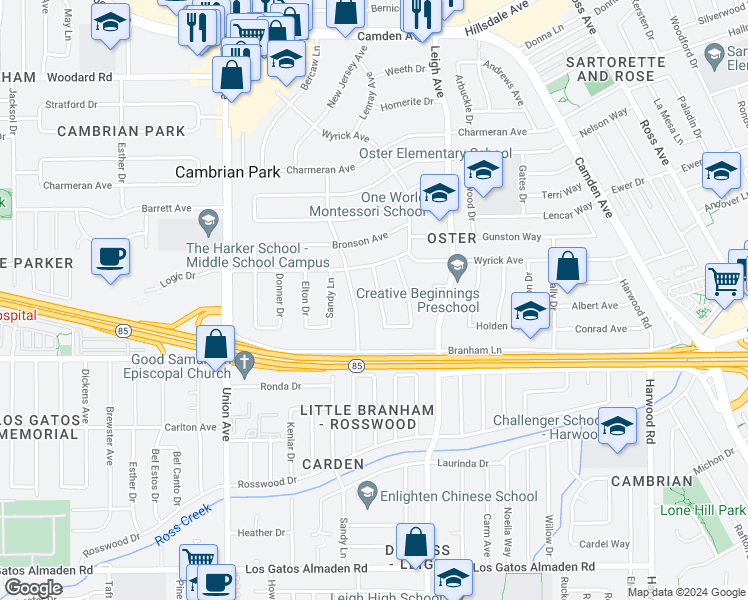 map of restaurants, bars, coffee shops, grocery stores, and more near 14871 Payton Avenue in San Jose