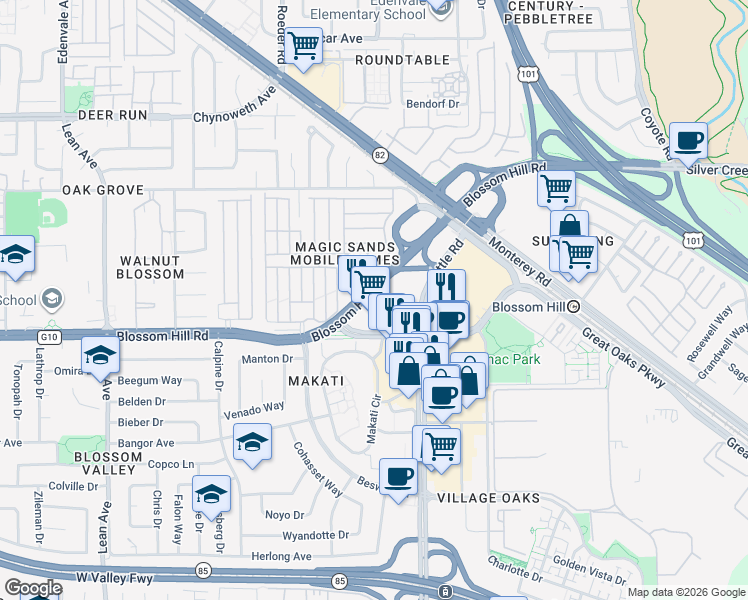 map of restaurants, bars, coffee shops, grocery stores, and more near 120 Blossom Hill Road in San Jose