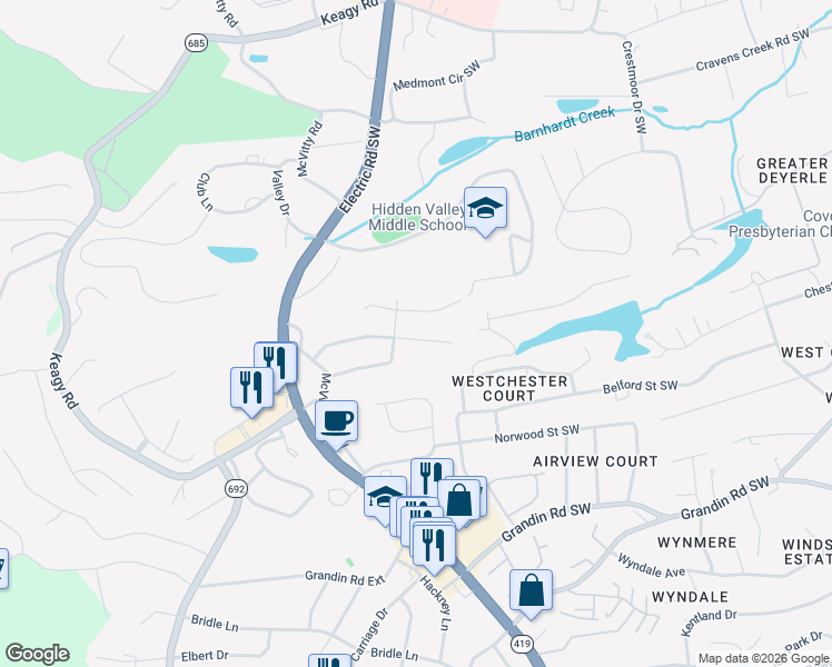 map of restaurants, bars, coffee shops, grocery stores, and more near 4937 Keithwood Drive Southwest in Roanoke